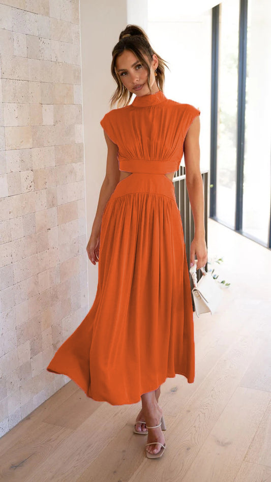 Women's Cut-Out Waist Summer Dress with High Neck – Maxi