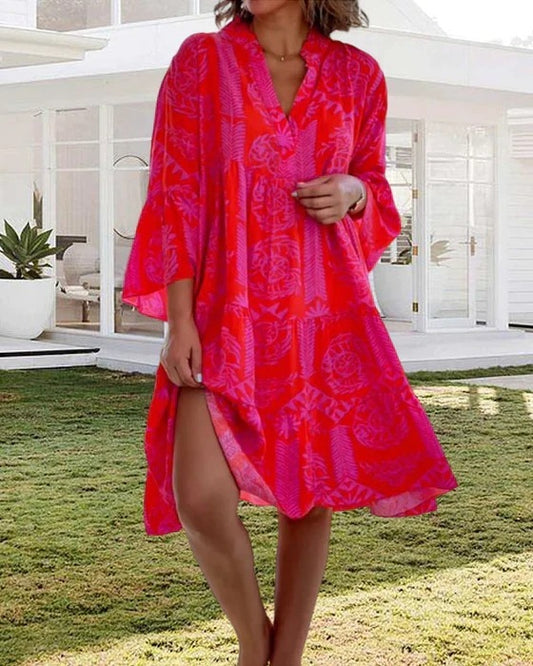 Women's Red Floral Boho Summer Dress - Midi