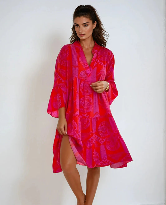 Women's Red Floral Boho Summer Dress - Midi
